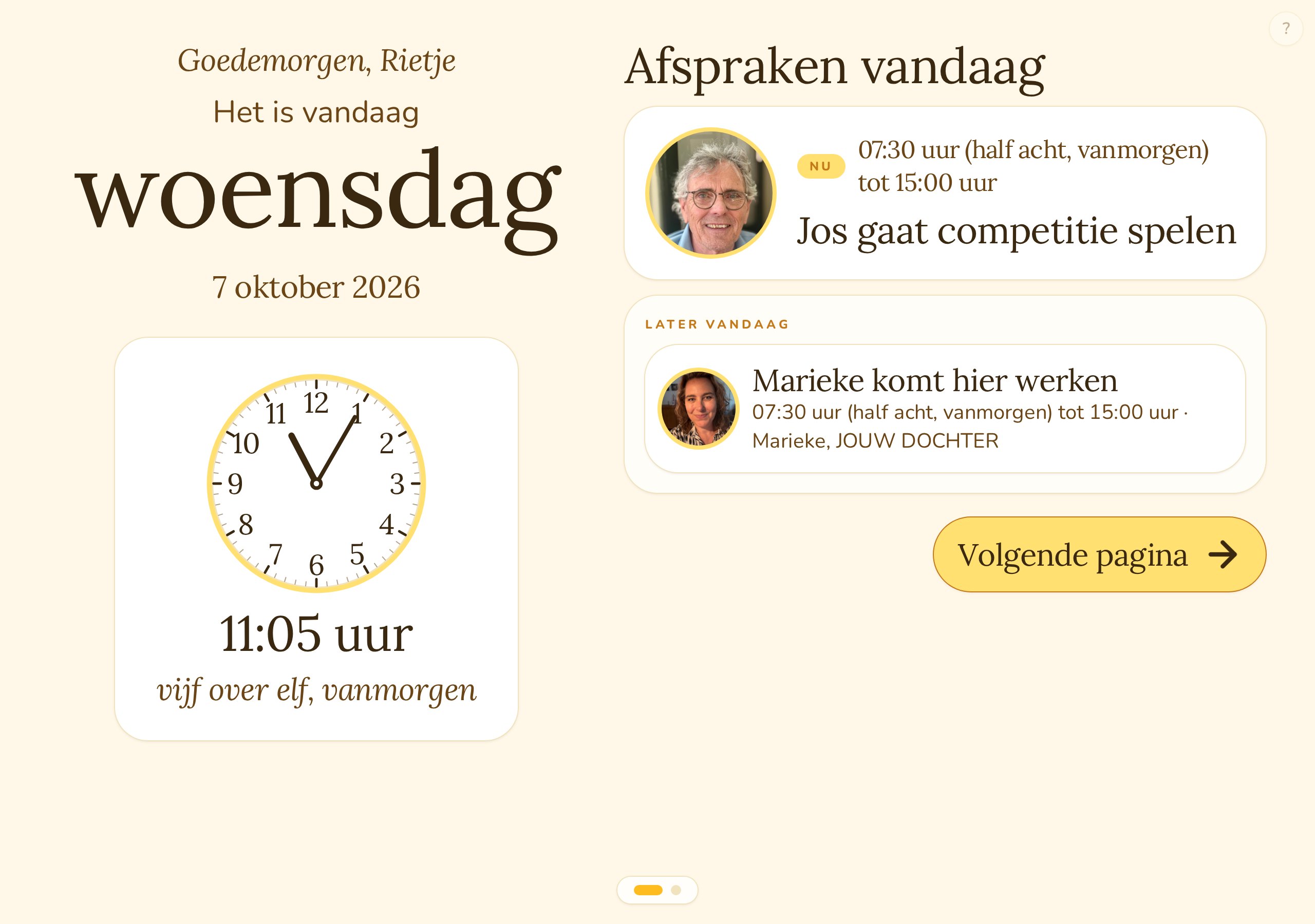 Beginscherm van Blijf. met dag, tijd en afspraken